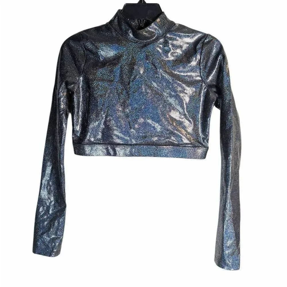 Ingenue dance gymnastics crop top irridescent glitter dark gray black womens L